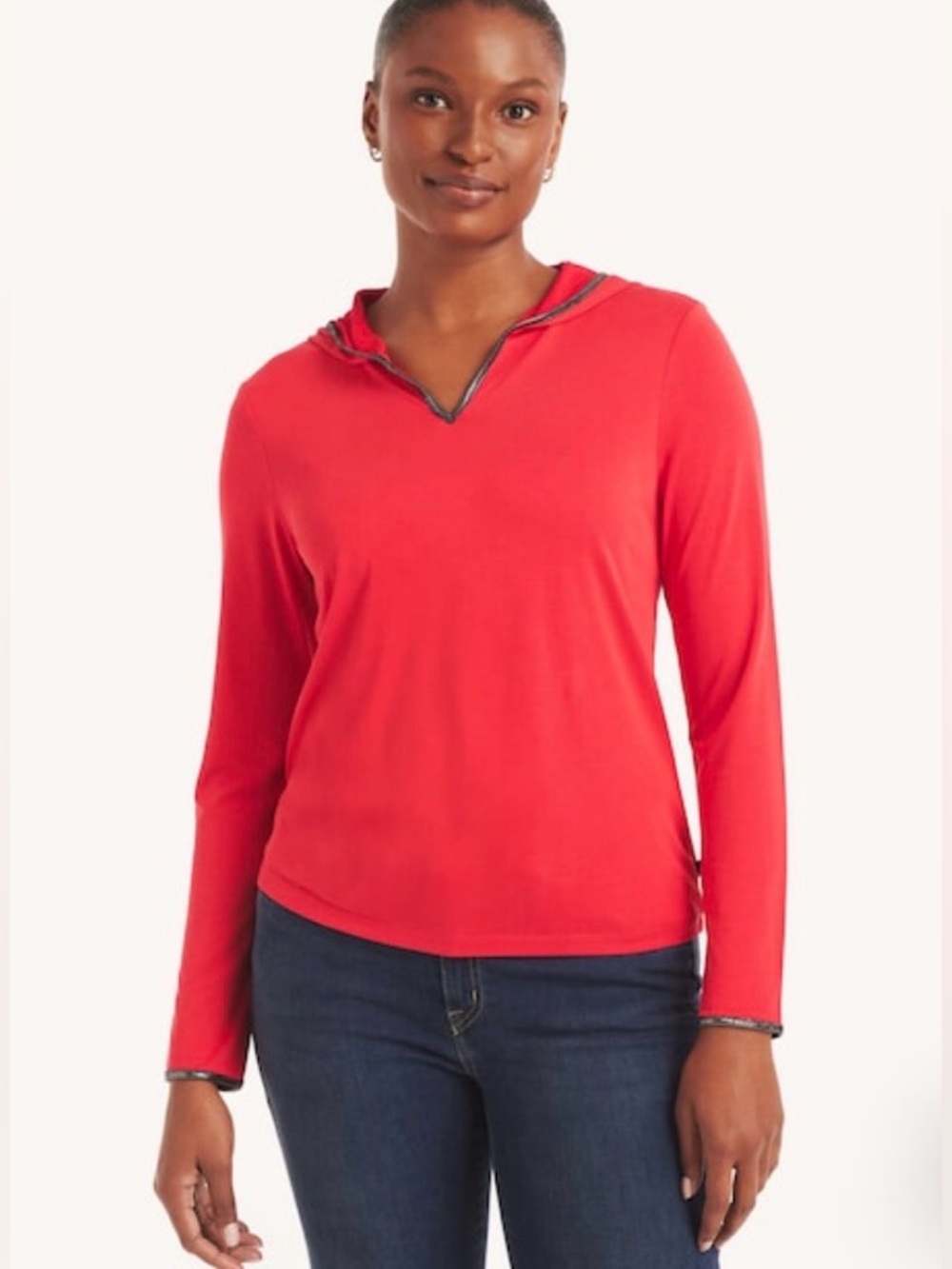 Nautica Jeans Long Sleeve V-Neck Red Top L Beaded Satin Trim Neckline & Cuffs